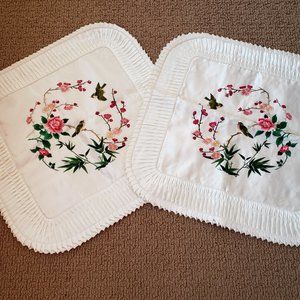 White Colored Chinese Hand Embroidered Flower & Bird Scene Pillow Case Cover.